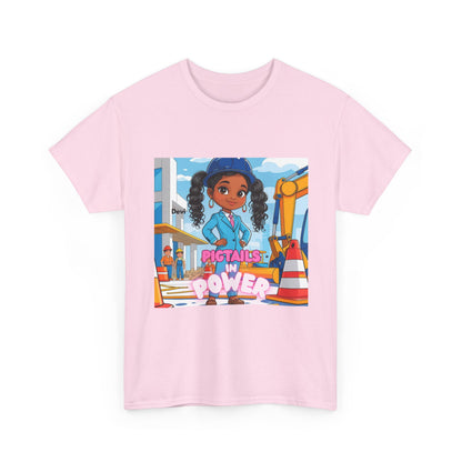 Womens T-Shirt — Pigtails in Power Graphic Tee (Girl Engineer Construction Theme)