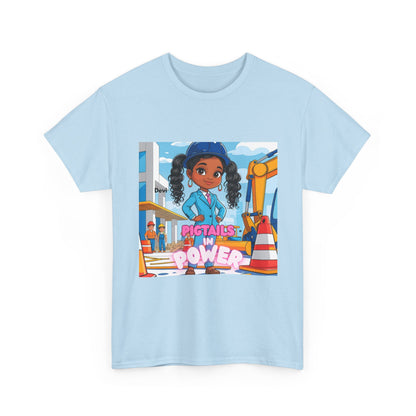 Womens T-Shirt — Pigtails in Power Graphic Tee (Girl Engineer Construction Theme)